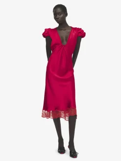 Women's Gathered Sleeve Midi Dress in Red