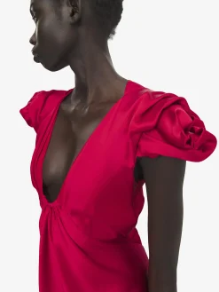 Women's Gathered Sleeve Midi Dress in Red