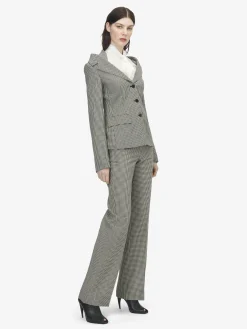 Women's Gingham Check Off-the-shoulder Harness Jacket in Black/Ivory