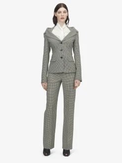 Women's Gingham Check Off-the-shoulder Harness Jacket in Black/Ivory