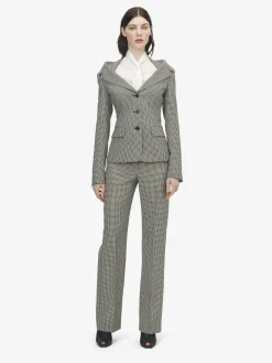 Women's Gingham Check Tailored Trousers in Black/Ivory