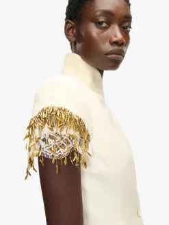 Women's Gold Leaves and Crystal Embroidery Short-Sleeved Jacket in Ivory