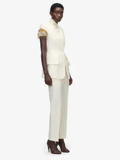 Women's Gold Leaves and Crystal Embroidery Short-Sleeved Jacket in Ivory