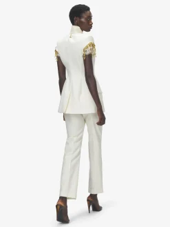 Women's Gold Leaves and Crystal Embroidery Short-Sleeved Jacket in Ivory