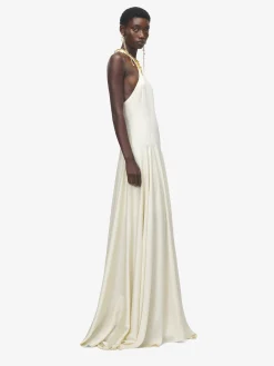 Women's Gold Leaves And Crystal Embroidery Evening Dress in Cream
