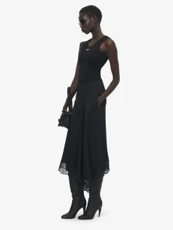 Women's Lace Hem Asymmetric Midi Skirt in Black
