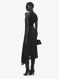 Women's Lace Hem Asymmetric Midi Skirt in Black