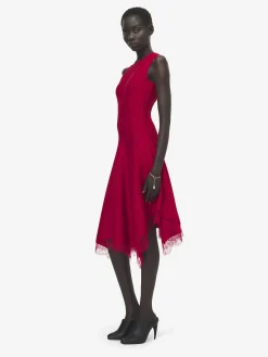 Women's Lace Trim A-Line Dress in Red