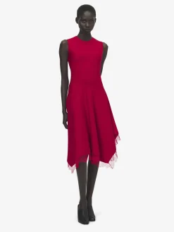Women's Lace Trim A-Line Dress in Red