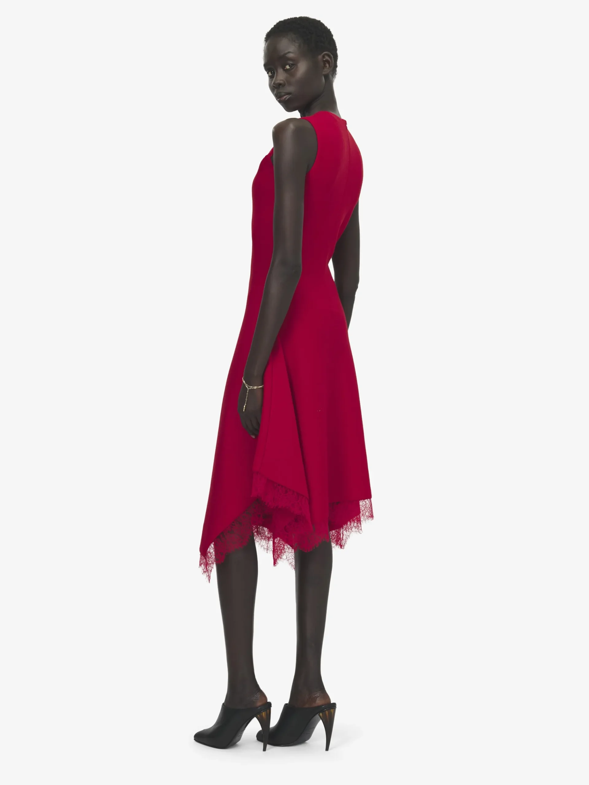 Women's Lace Trim A-Line Dress in Red