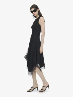 Women's Lace Trim A-Line Dress in Black