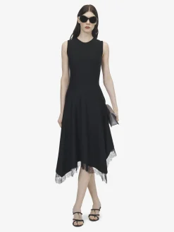 Women's Lace Trim A-Line Dress in Black