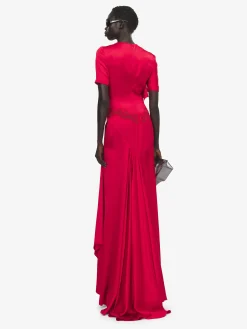 Women's Lace Trim Evening Dress in Red