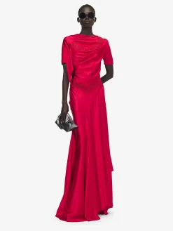Women's Lace Trim Evening Dress in Red