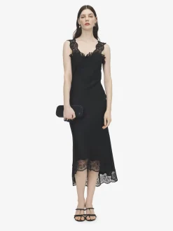 Women's Lace Trim Midi Dress in Black