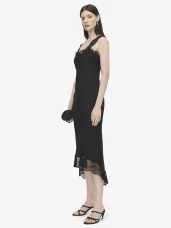 Women's Lace Trim Midi Dress in Black