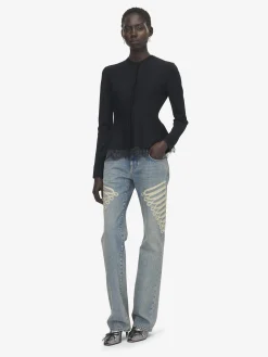 Women's Lace Trim Peplum Cardigan in Black