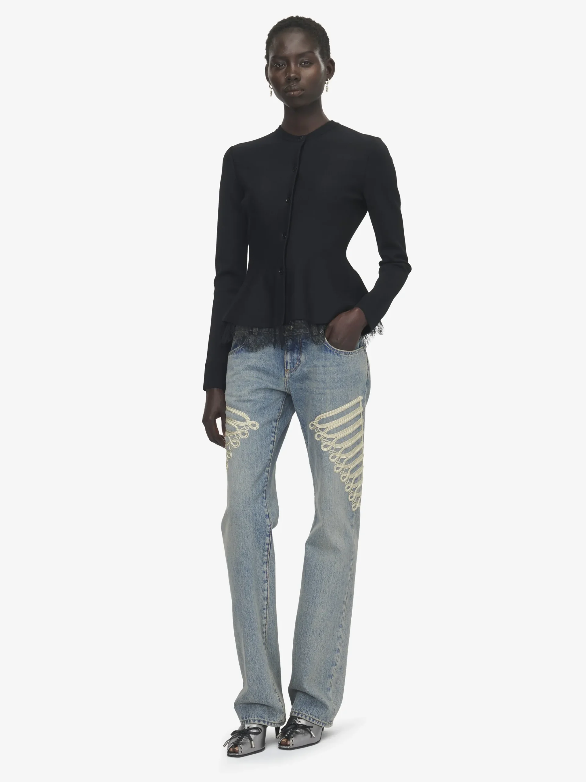Women's Lace Trim Peplum Cardigan in Black