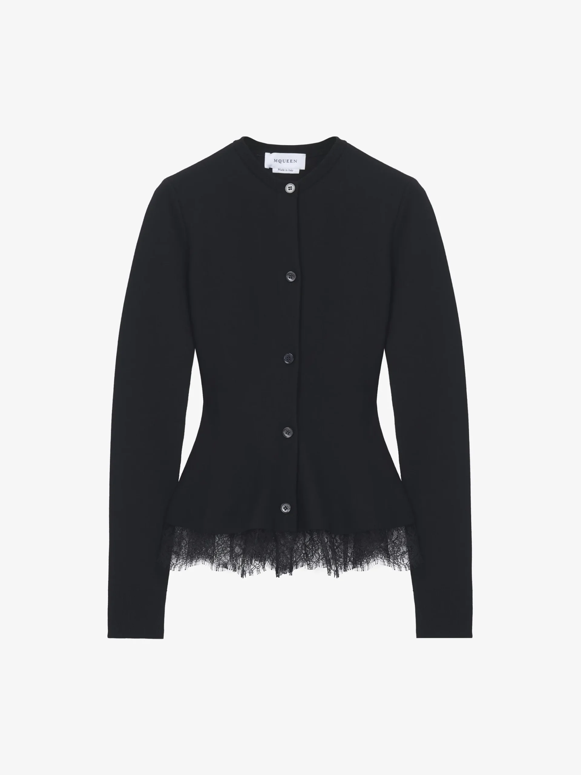 Women's Lace Trim Peplum Cardigan in Black