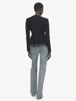 Women's Lace Trim Peplum Cardigan in Black