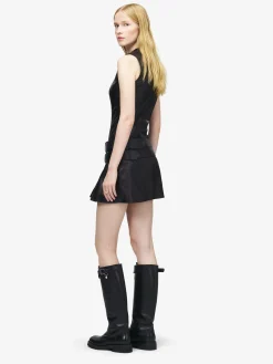 Women's Leather Double Belt Mini Dress in Black