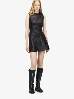 Women's Leather Double Belt Mini Dress in Black