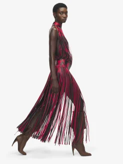 Women's Leather Floral Fringe Dress in Black/Red
