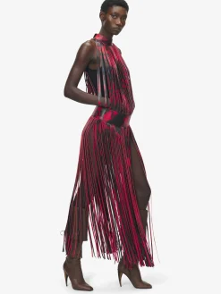 Women's Leather Floral Fringe Dress in Black/Red