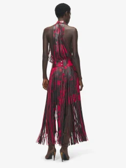 Women's Leather Floral Fringe Dress in Black/Red
