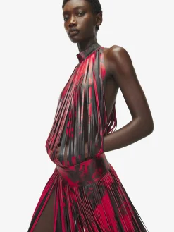 Women's Leather Floral Fringe Dress in Black/Red