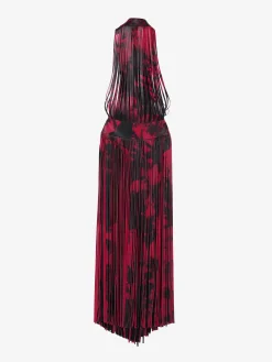 Women's Leather Floral Fringe Dress in Black/Red