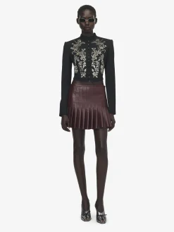 Women's Leather Pleated Mini Skirt in Burgundy