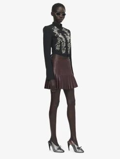 Women's Leather Pleated Mini Skirt in Burgundy