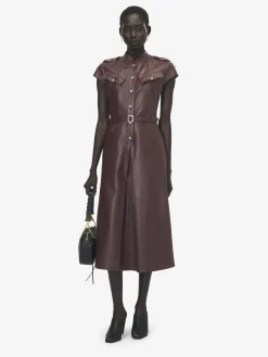 Women's Leather Uniform Midi Dress in Burgundy