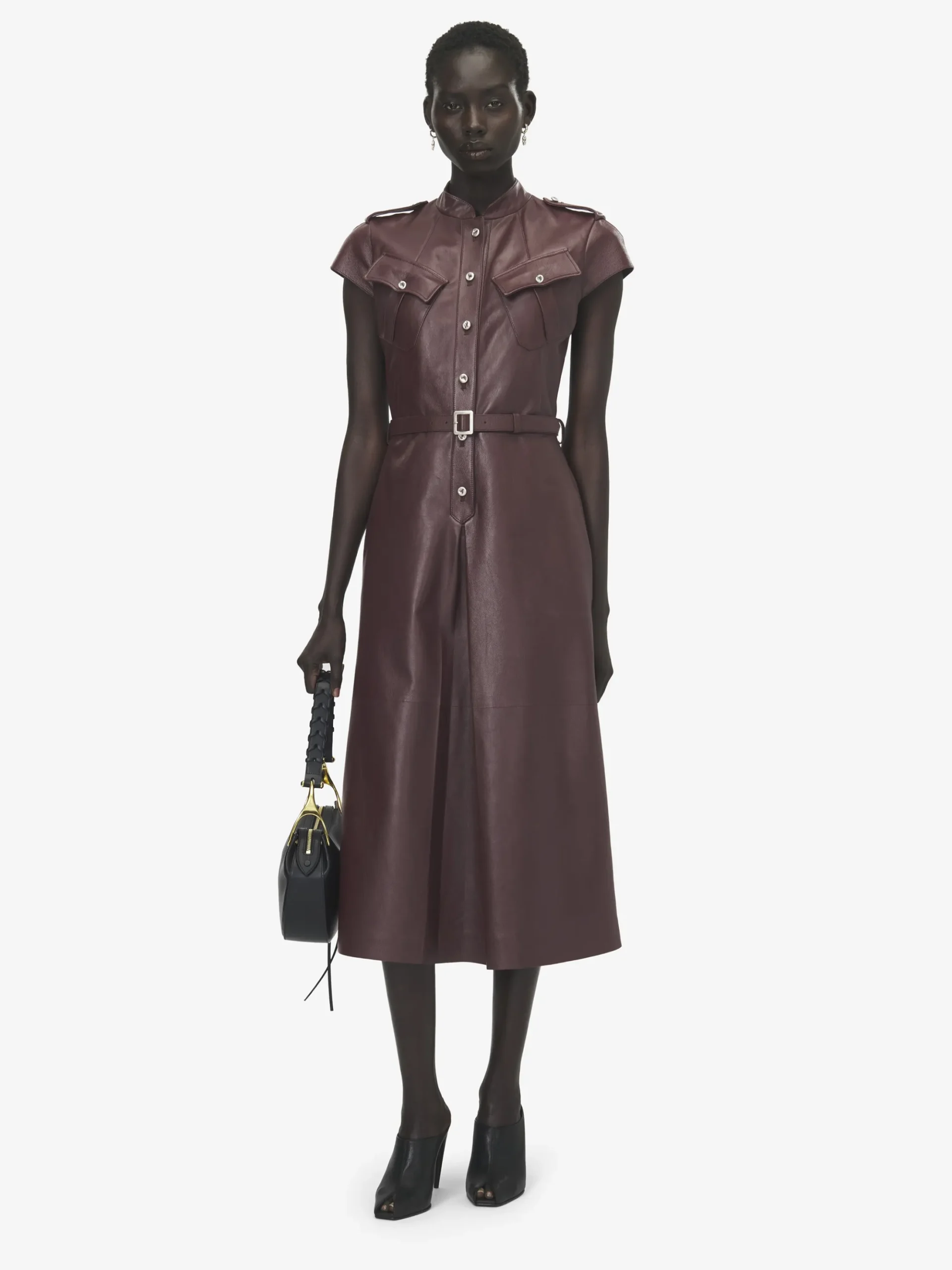 Women's Leather Uniform Midi Dress in Burgundy