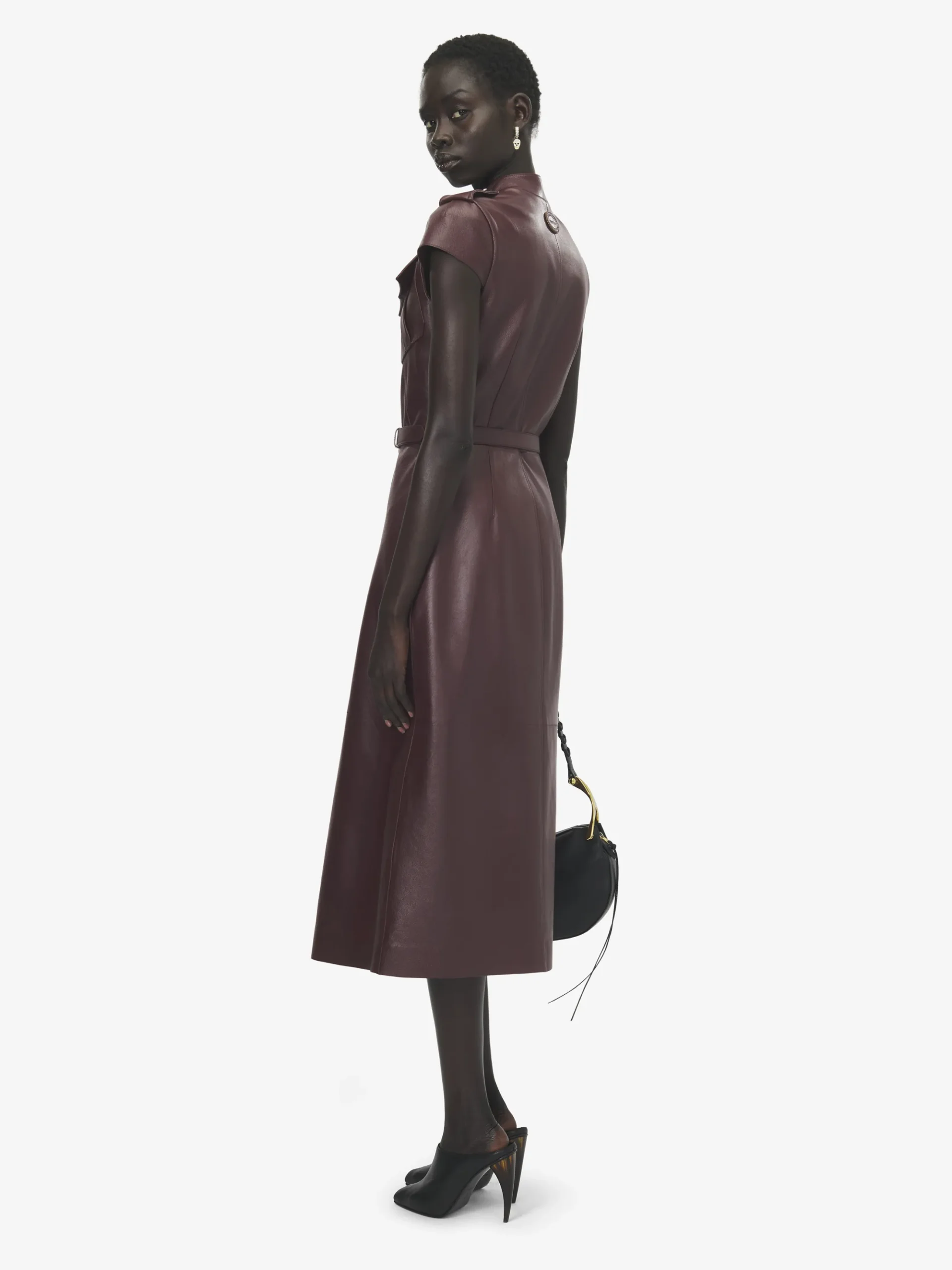 Women's Leather Uniform Midi Dress in Burgundy