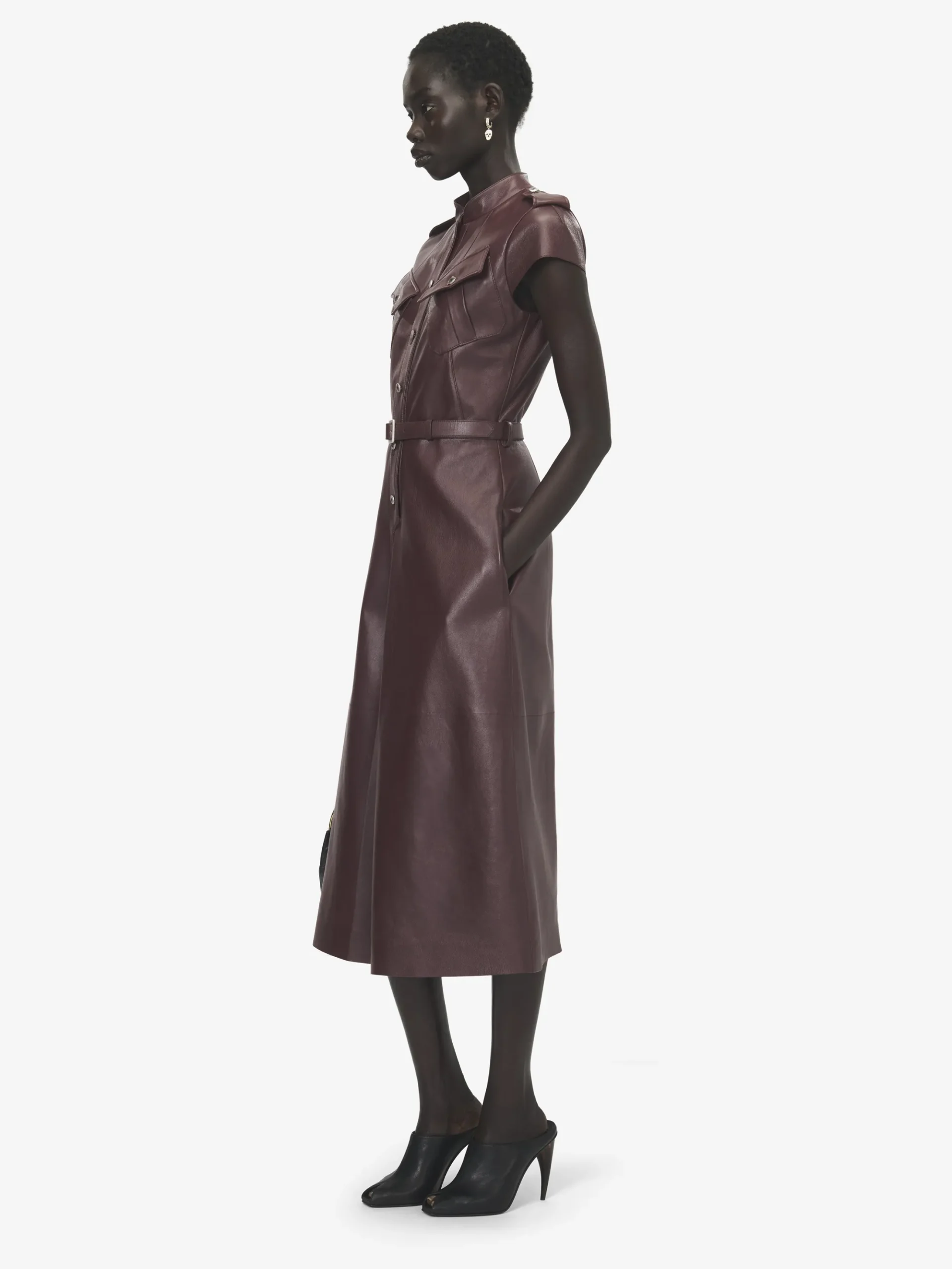 Women's Leather Uniform Midi Dress in Burgundy