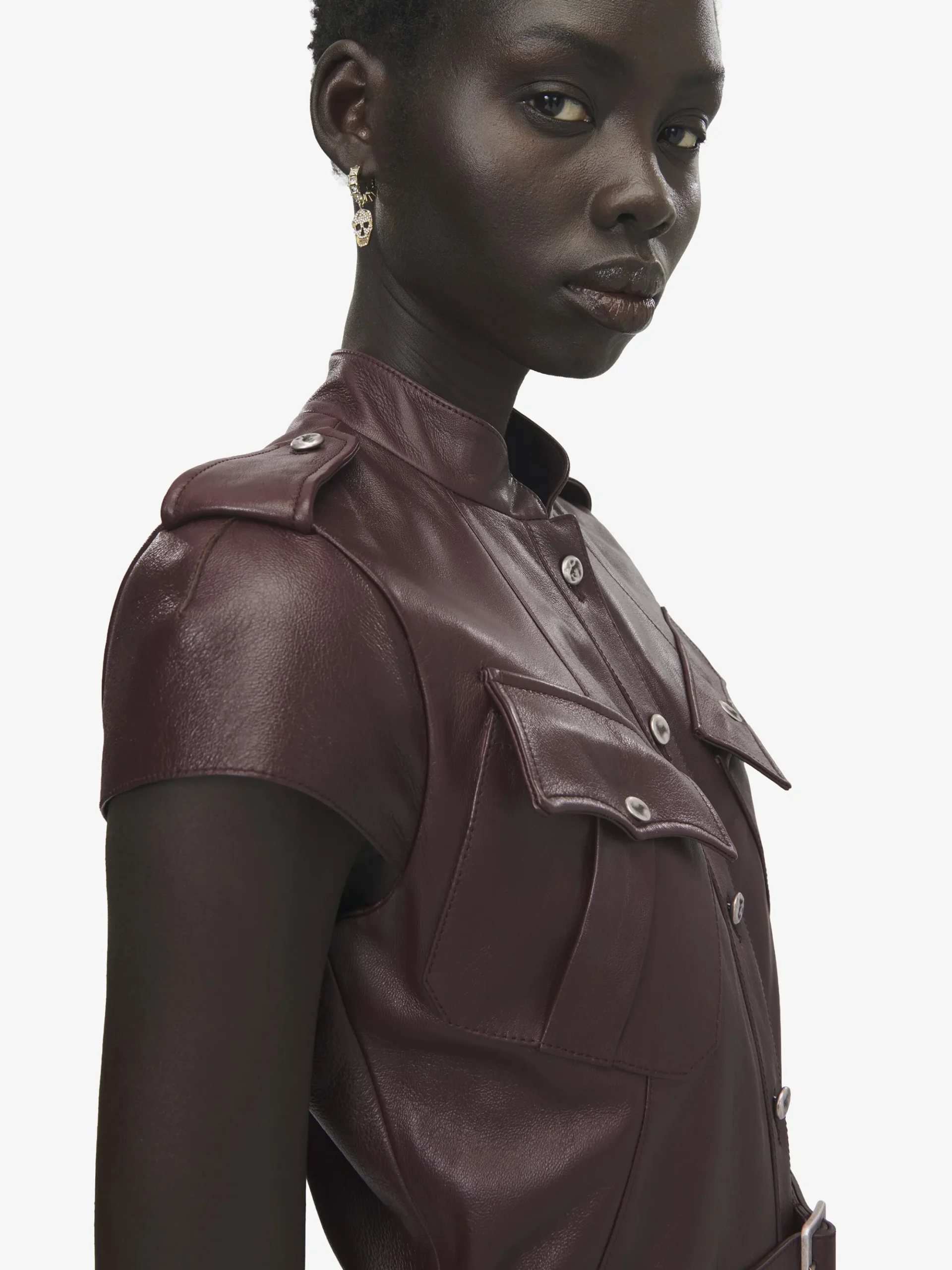 Women's Leather Uniform Midi Dress in Burgundy