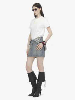 Women's Metallic Frogging Fold Over Mini Skirt in Washed Blue