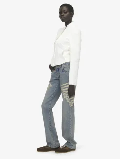 Women's Metallic Frogging Straight Leg Jeans in Washed Blue