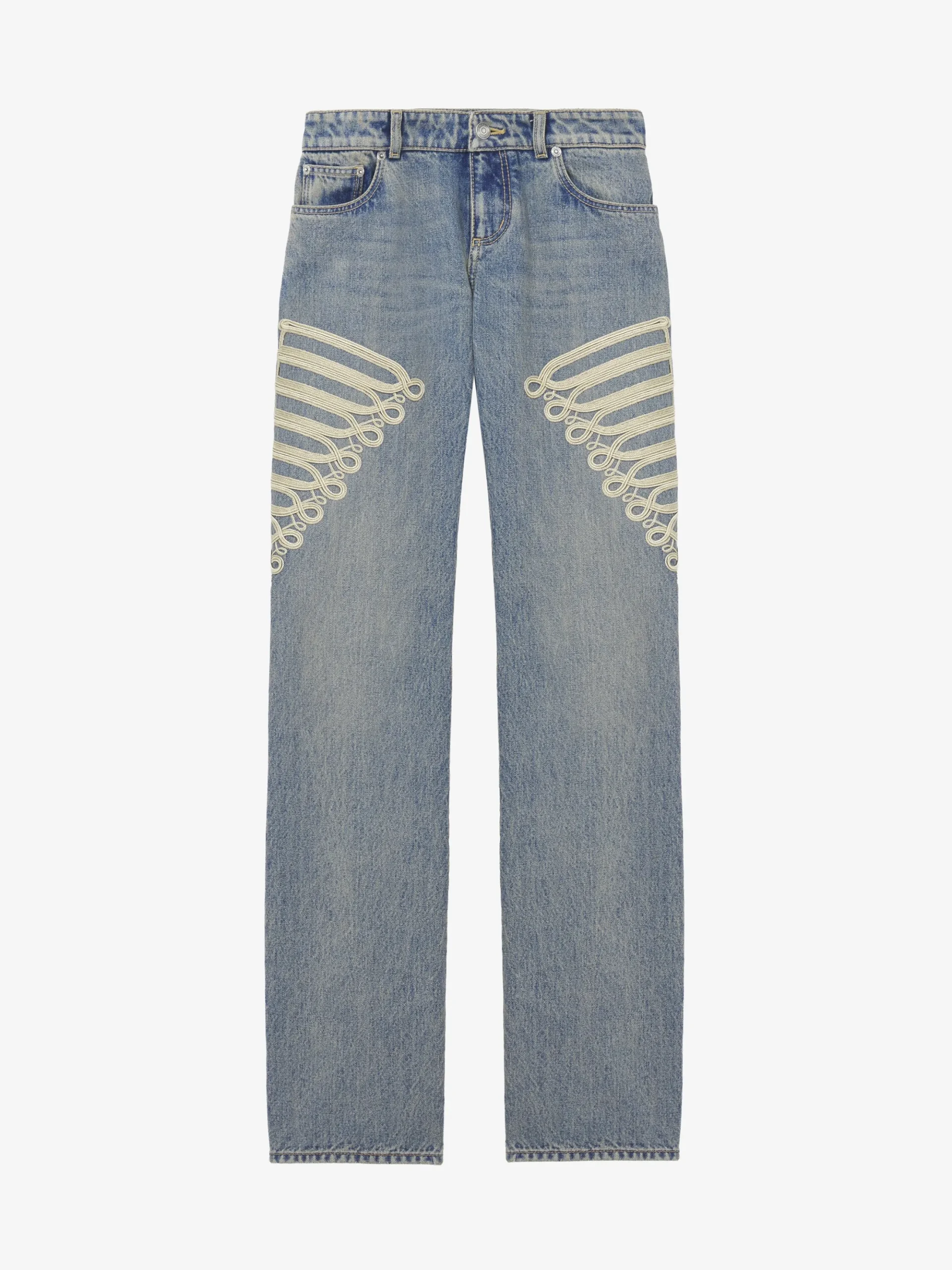 Women's Metallic Frogging Straight Leg Jeans in Washed Blue