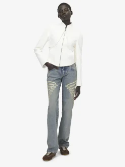Women's Metallic Frogging Straight Leg Jeans in Washed Blue
