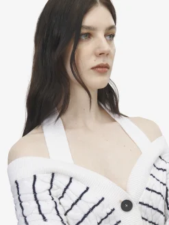 Women's Off-the-shoulder Striped Cardigan in Ivory/Navy