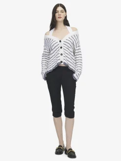 Women's Off-the-shoulder Striped Cardigan in Ivory/Navy
