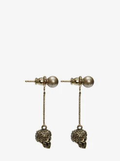 Women's Pave Skull Chain Earrings in Gold-finish