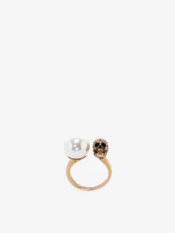 Women's Pearl-like Skull Ring in Antique Gold-finish