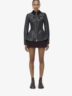 Women's Peplum Leather Jacket in Black