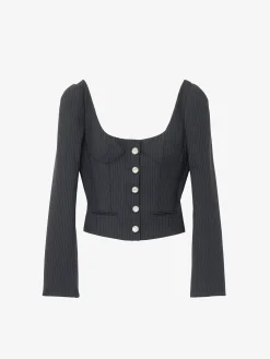 Women's Pinstriped Fitted Jacket in Navy