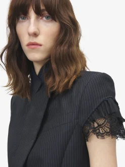 Women's Pinstriped Short-Sleeved Jacket in Navy