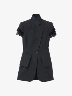 Women's Pinstriped Short-Sleeved Jacket in Navy
